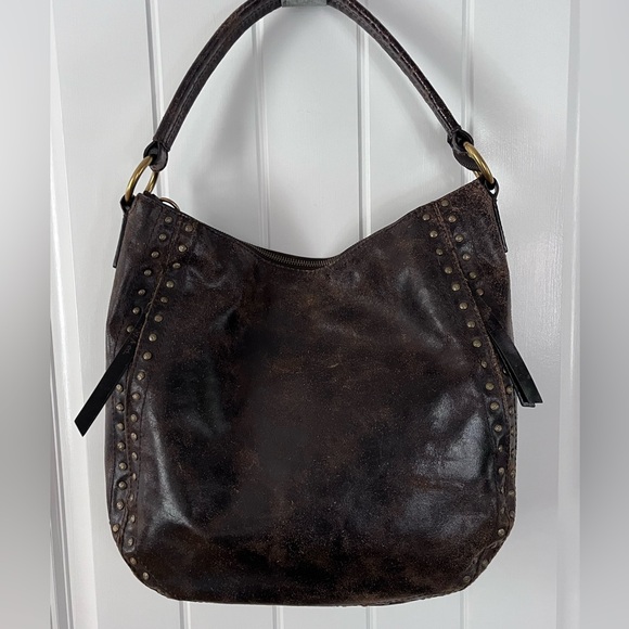 Frye Melissa Hobo Distressed Leather Studded Brown Shoulder Bag - Picture 1 of 9